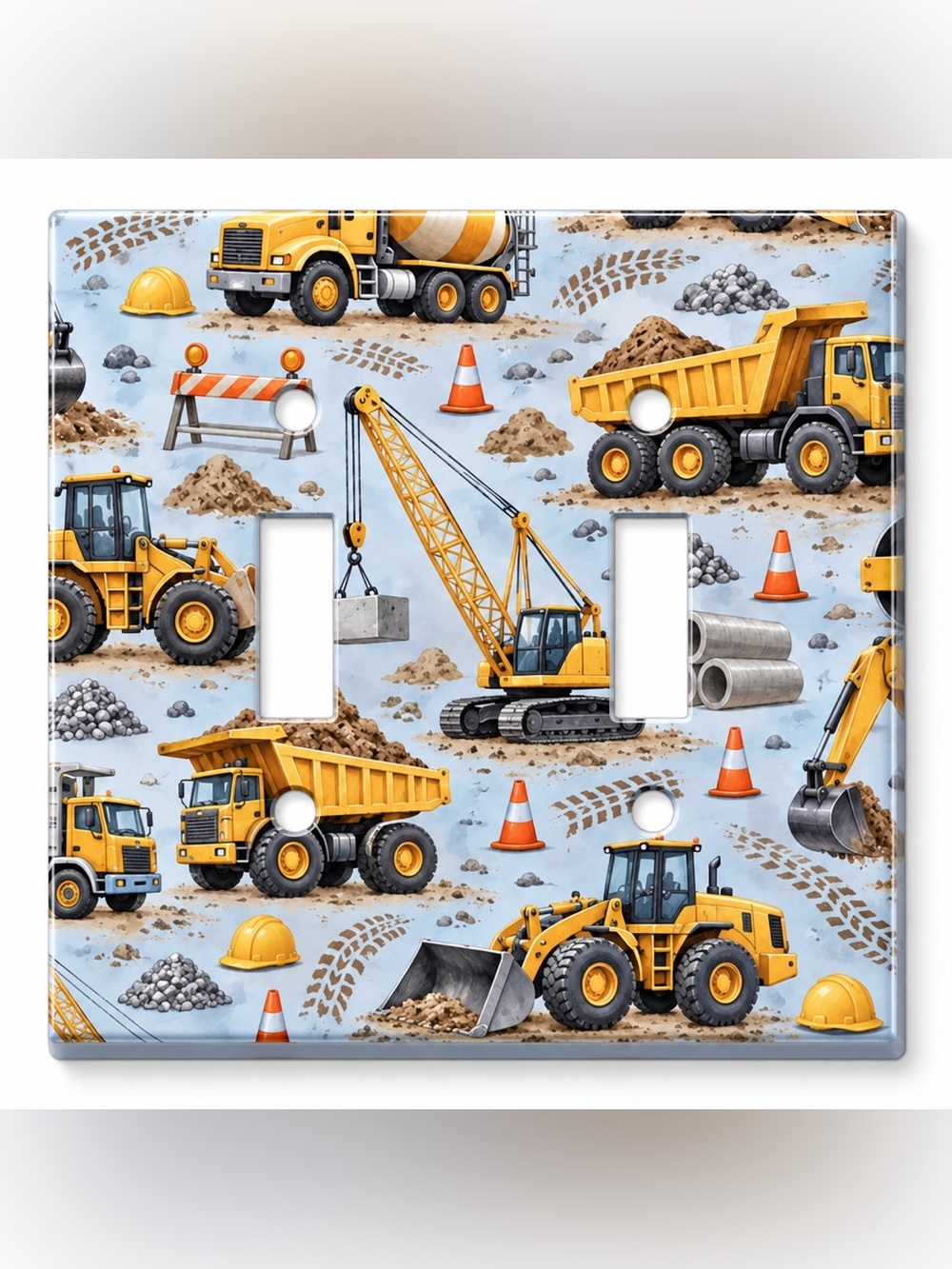 Construction Trucks Double Light Switch Cover Boys Kids Room Heavy Equipment
